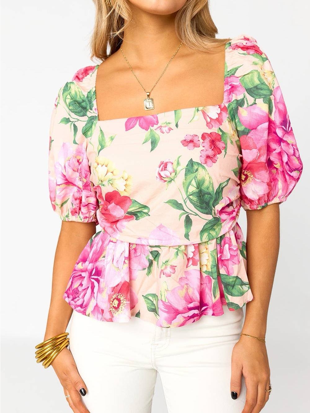 Buddy Love Mirabelle Puff Sleeve Floral Peplum Top NWT Medium